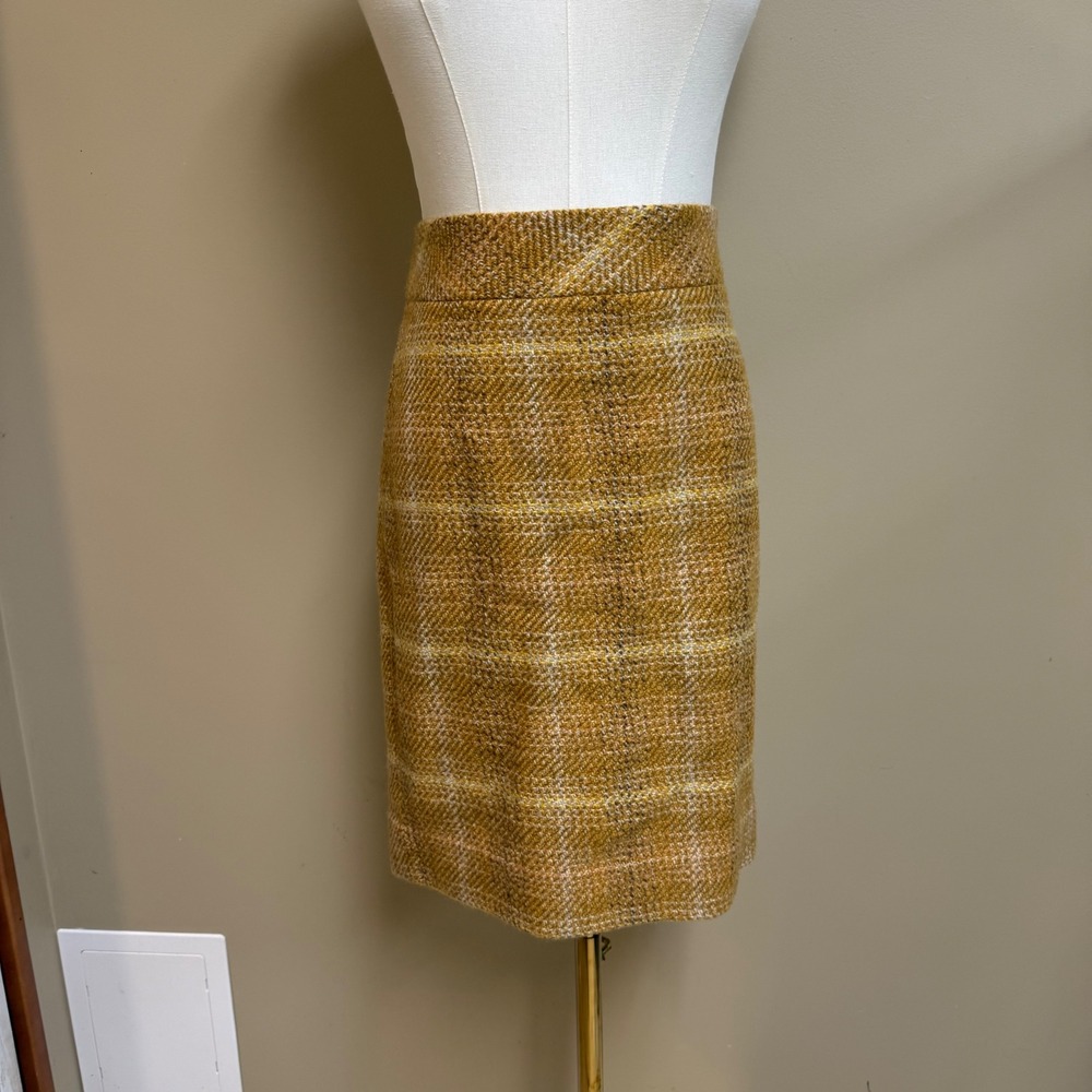 J Crew Plaid Wool Blend Pencil Skirt Mustard Yellow Women's Size 4 Career